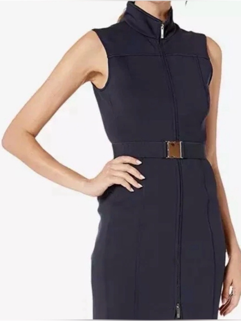Sleeveless navy Blue Zip-Front Sheath Dress with Belt